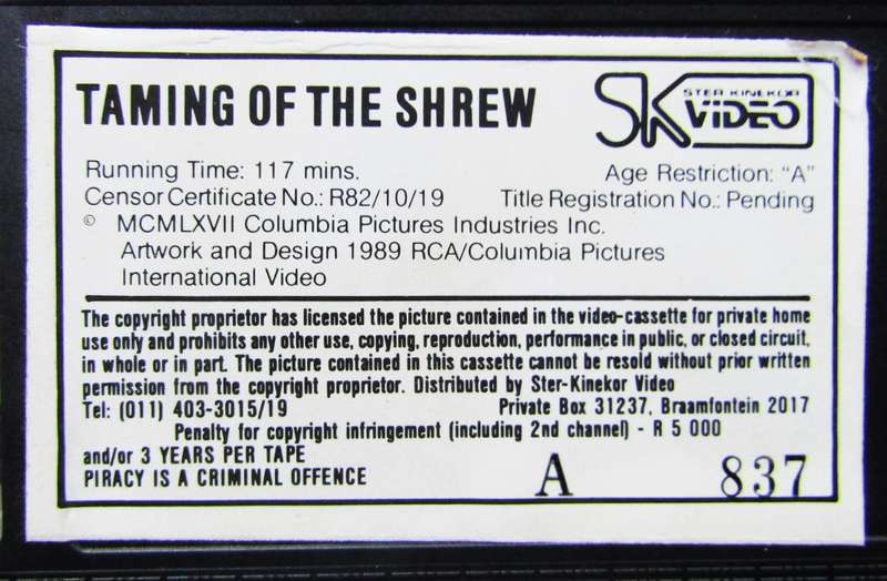The Taming of The Shrew - Elizabeth Taylor - Movie VHS Tape (1989)