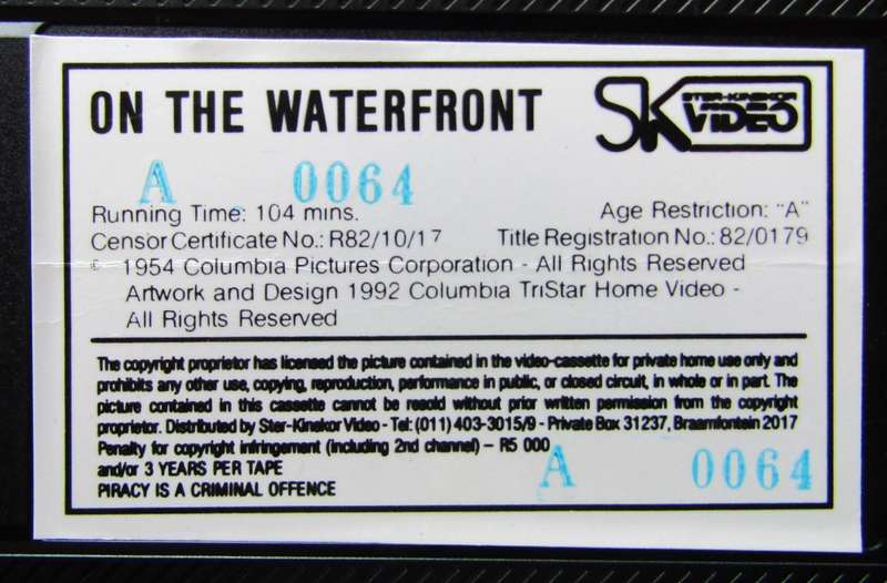 On the Waterfront - Marlon Brando - Movie VHS Tape (1992)