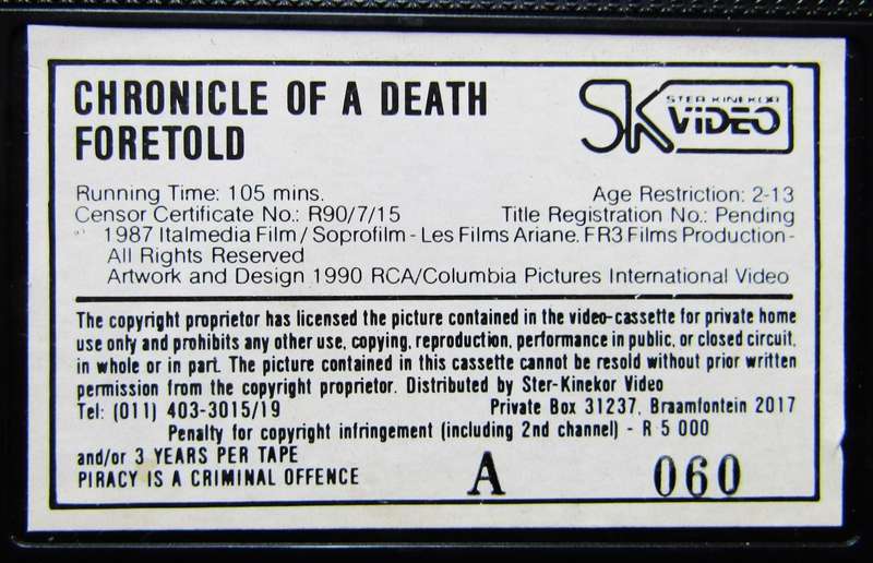 Chronicle of a Death Foretold - Movie VHS Tape (1990)