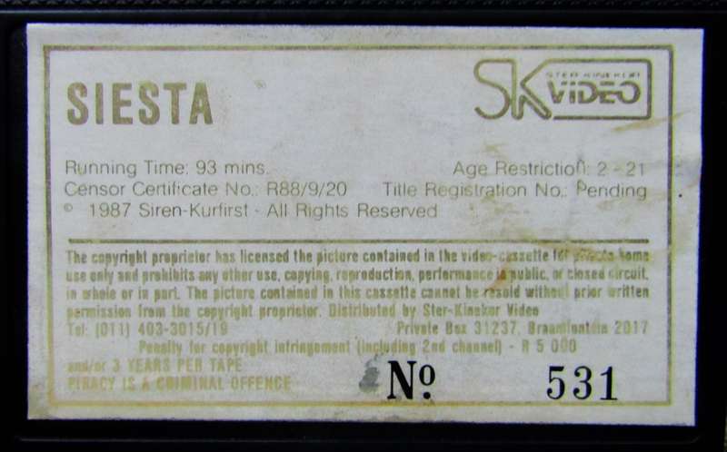 Siesta - Ellen Barkin - Movie VHS Tape (1987)
