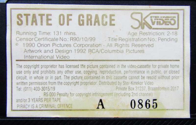 State of Grace - Sean Penn - Movie VHS Tape (1992)