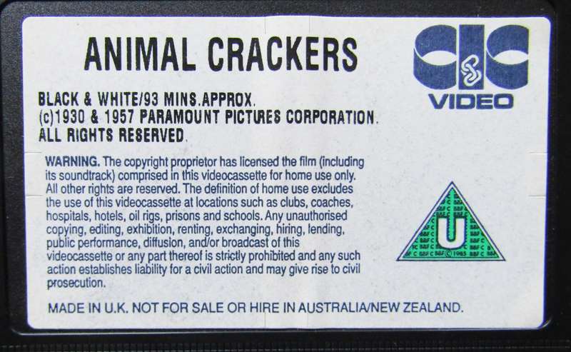 Animal Crackers - Classic Comedy Movie VHS Tape