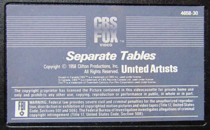 Separate Tables - Movie VHS Tape (1983)
