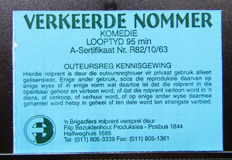Verkeerde Nommer - Movie VHS Tape (1982)