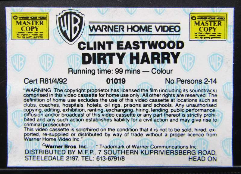 Dirty Harry - Clint Eastwood - Movie VHS Tape (1989)