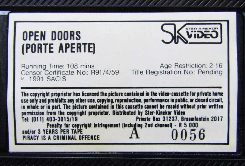 Open Doors - Movie VHS Tape (1991)