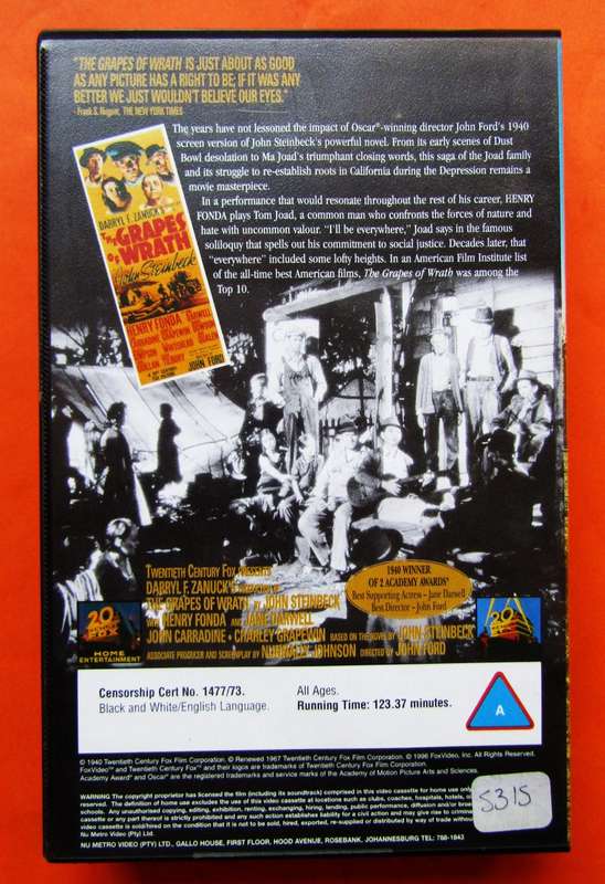 The Grapes of Wrath - Movie VHS Tape (1996)