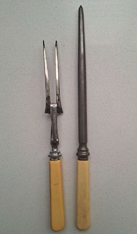 Vintage Bone Handle Serving Fork and Knife Sharpener