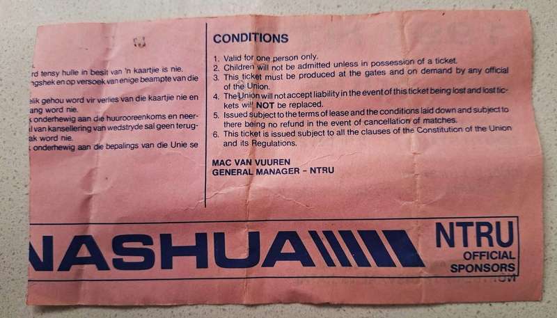 1991 Noord Transvaal vs Natal Rugby Ticket