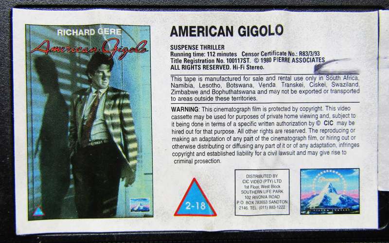 American Gigolo - Richard Gere - Movie VHS Tape