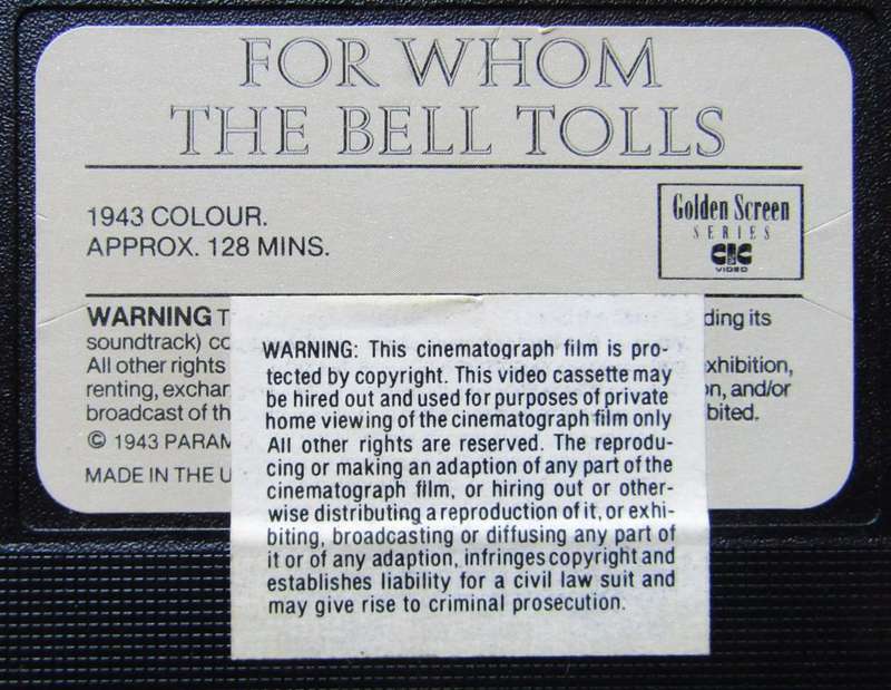 For Whom the Bell Tolls - War Movie VHS Tape