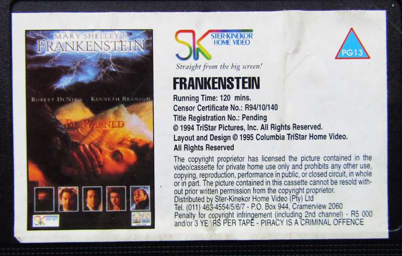 Frankenstein - Robert De Niro - Movie VHS Tape (1994)