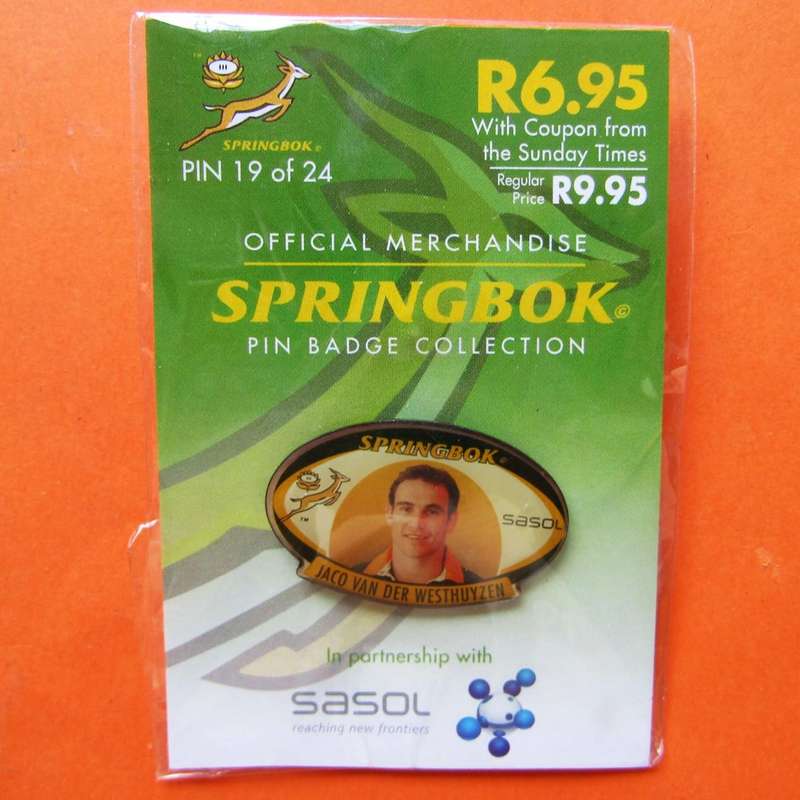 Jaco van der Westhuyzen Springbok Rugby Pin Badge