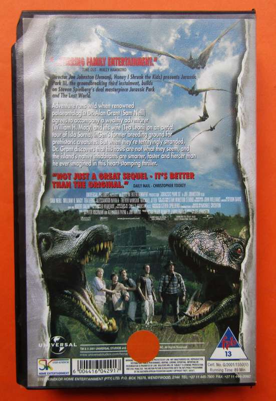 Jurassic Park III - Movie VHS Tape (2001)
