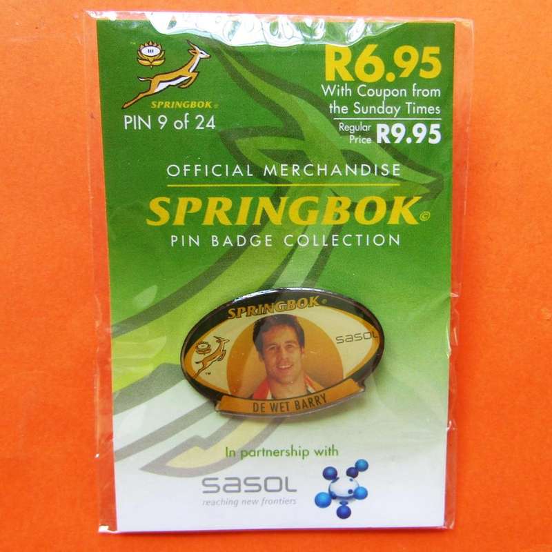 De Wet Barry Springbok Rugby Pin Badge