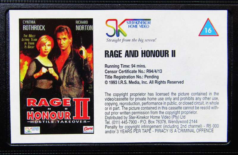 Rage and Honour II - Cynthia Rothrock - Movie VHS Tape (1994)
