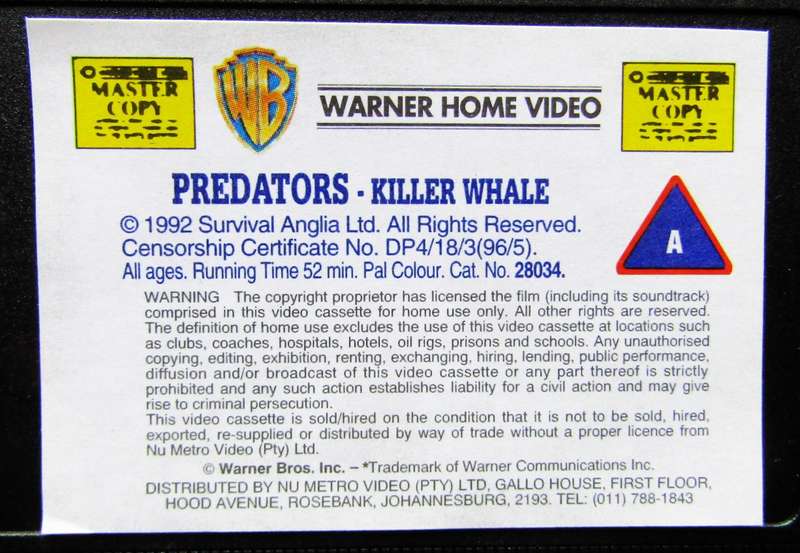 Killer Whale - Predators of the Wild - VHS Tape (1996)