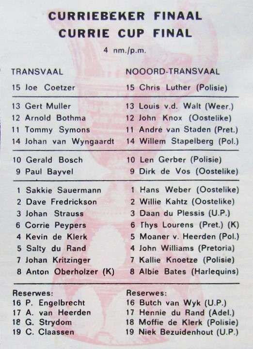1974 Currie Cup Final - Noord Transvaal vs Transvaal - Rugby Programme