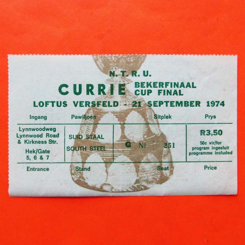 1974 Currie Cup Final - Noord Transvaal vs Transvaal - Rugby Ticket