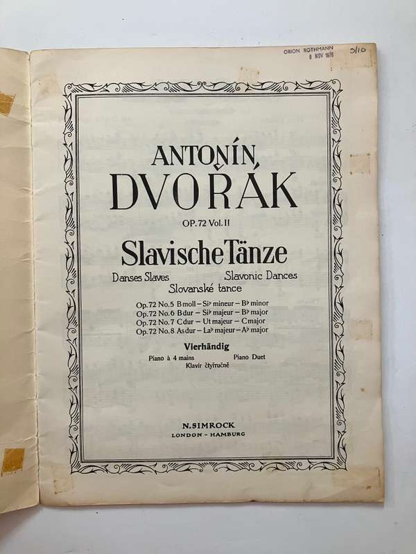 Antonin DVORAK Op. 72 Vol II - Vintage Music Score for Piano Duet