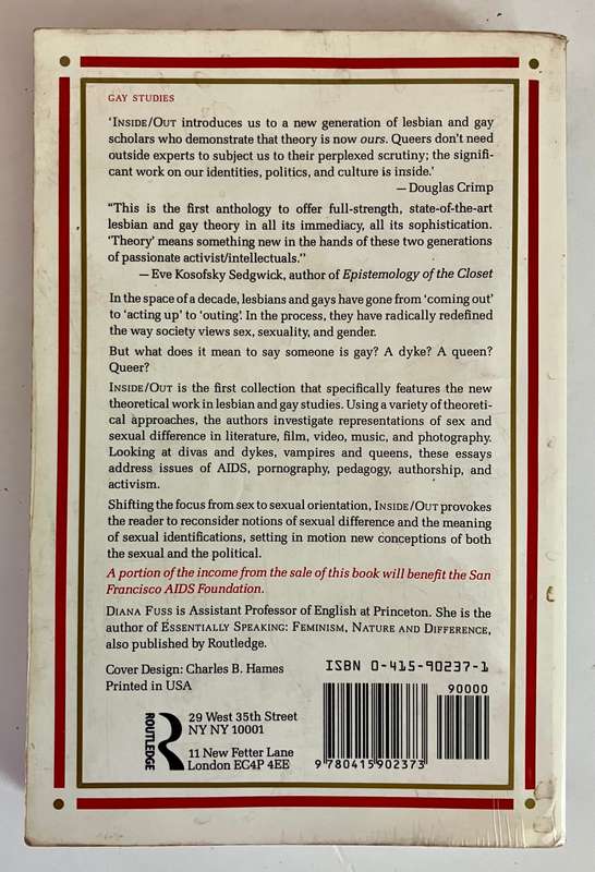 Inside / Out: Lesbian Theories, Gay Theories - Diana Fuss (Ed) . SC, 1st Ed. 1991