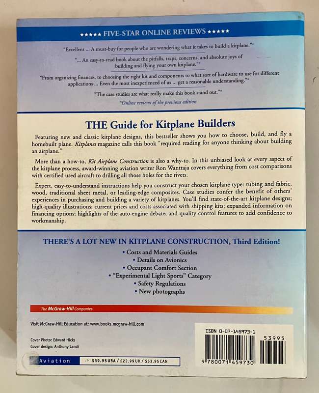 Kit Airplane Construction - Ronald J Wanttaja. Softcover, 3rd Ed. 2005