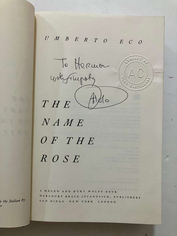 The Name of the Rose - Umberto Eco. Hardcover w dj. 1st US Ed. 1983