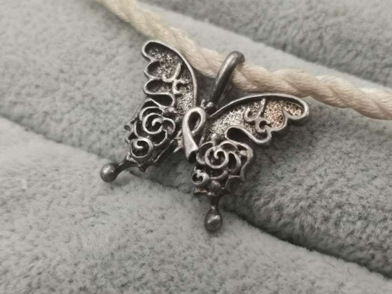 925Silver: Cancer Awareness Butterfly Pendant on Rope Necklace - Length: 41cm