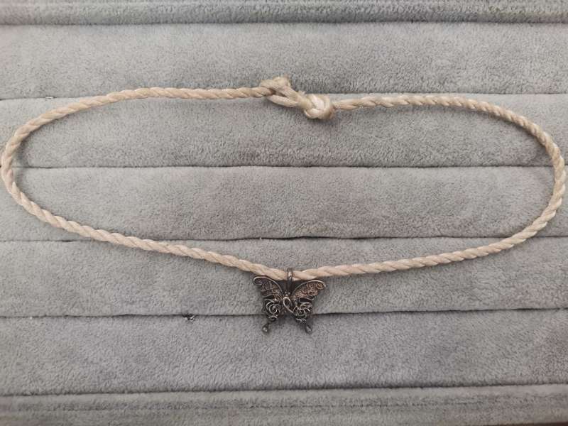 925Silver: Cancer Awareness Butterfly Pendant on Rope Necklace - Length: 41cm