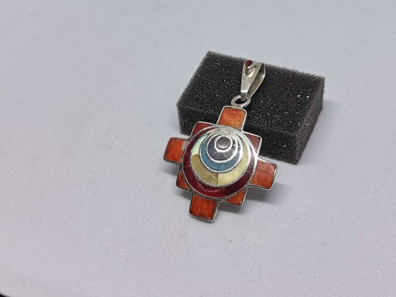 Chakana Cross with Stone Inlays Pendant