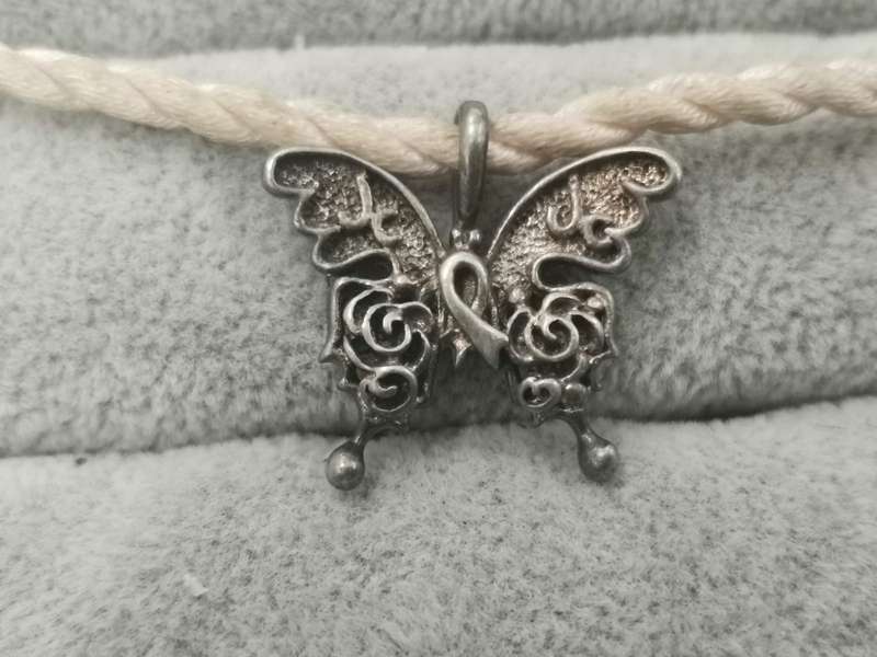 925Silver: Cancer Awareness Butterfly Pendant on Rope Necklace - Length: 41cm