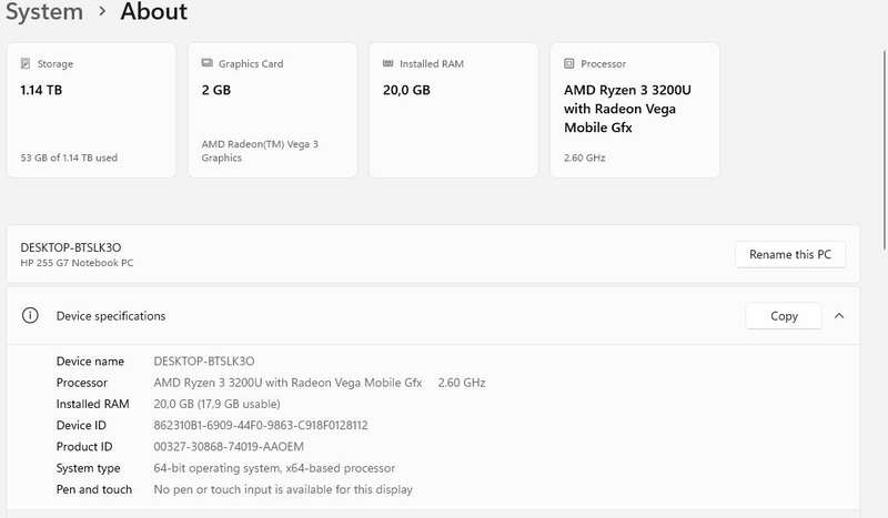 HP 255 g7 Laptop AMD RYZEN 3 3200U@2.6ghz 16GB+4GB DDR4 256GB+1tb hdd