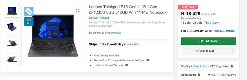 Lenovo Thinkpad E15 Gen 4 12th Gen i5-1235U 8GB read dis (DEAD MOTHERBOARD)