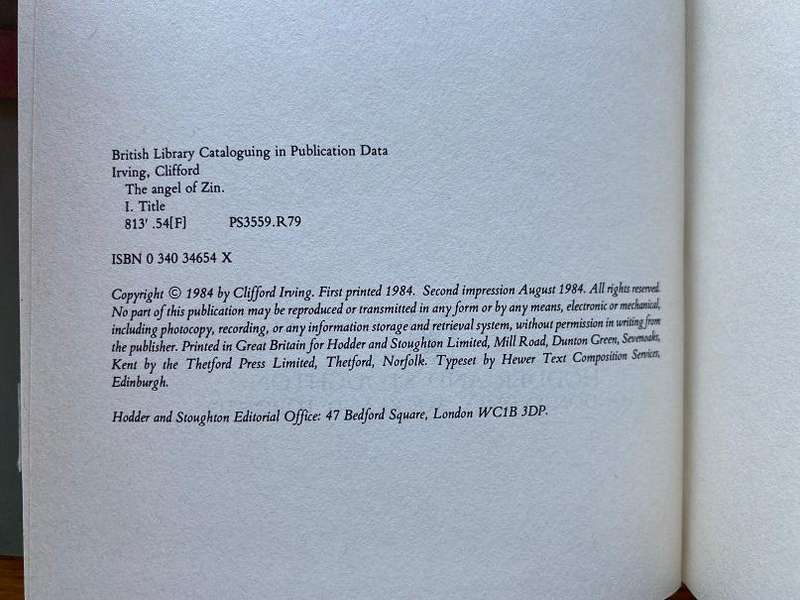 IRVING, Clifford - The Angel of Zin - (Hardcover in Jacket)