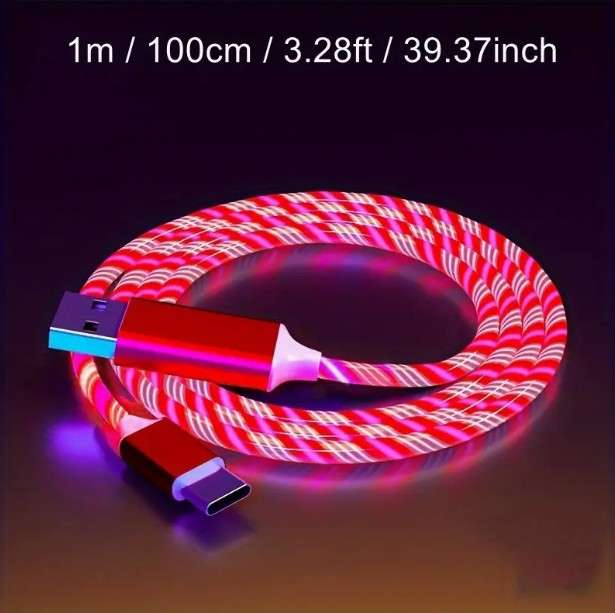 USB Type C Cable LED Glowing Charging Cable 1m RED