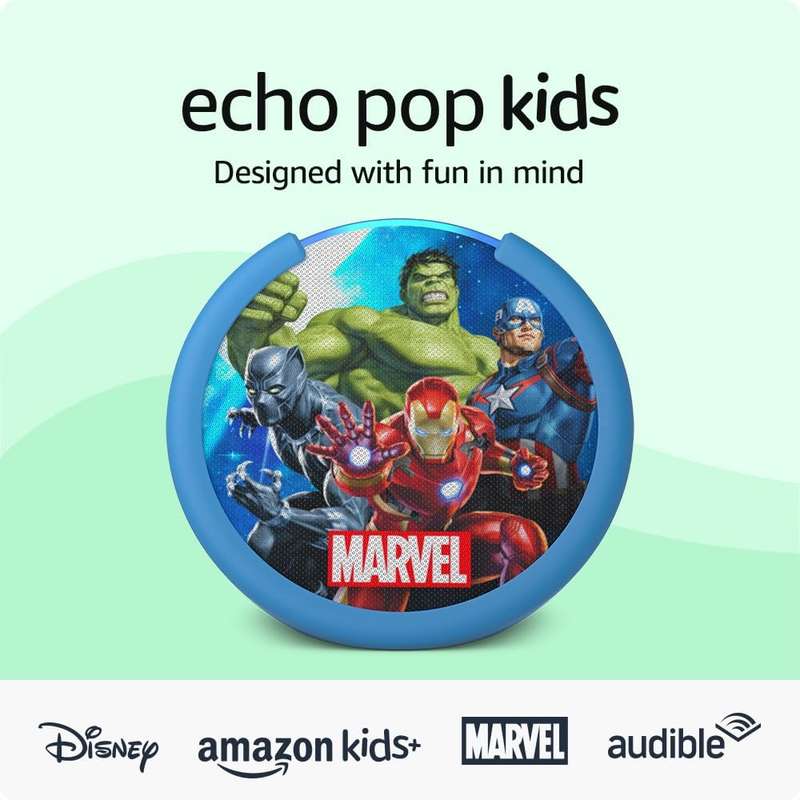 Amazon Echo Pop Kids | Marvel Avengers with Alexa | Designed for kids, with/without parental control