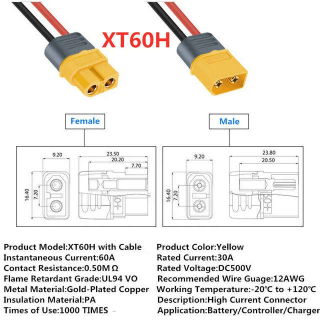Connector Battery Solar RC Lipo DC XT60H 60A 1Pair with Wires + Protective Cap **LOCAL STOCK**