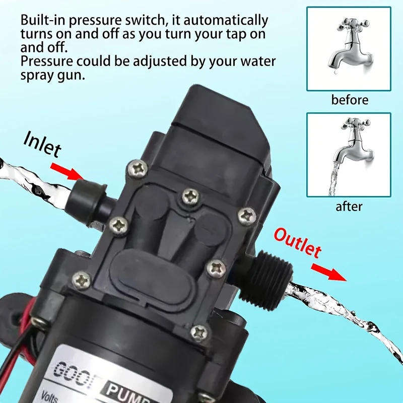 12V Pump High Pressure Diaphragm 6L/min 70W Auto on off with Hosetail **LOCAL STOCK**