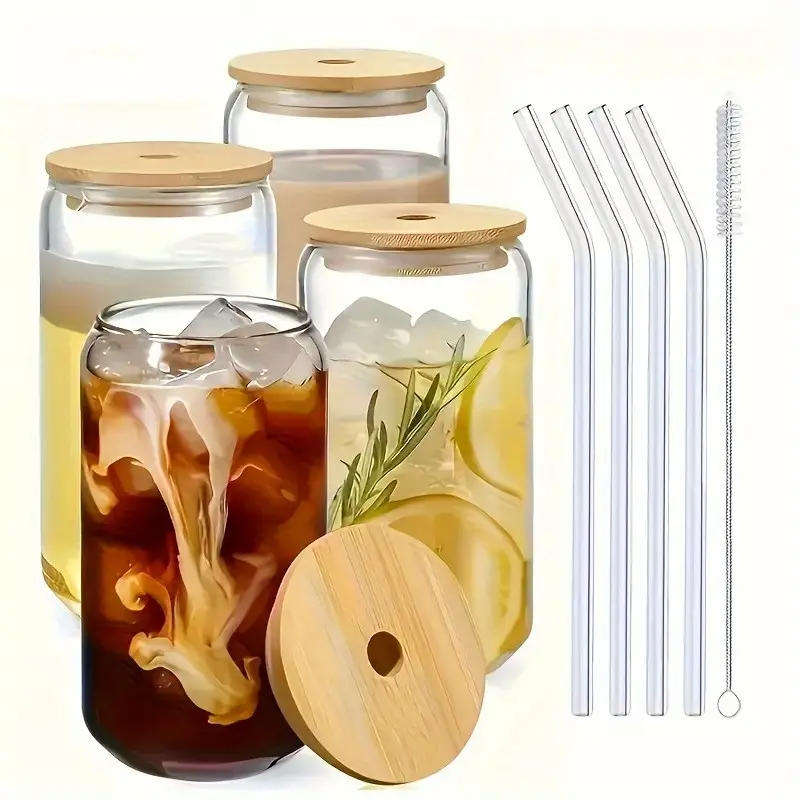 4pcs Set (1 550Ml Water Cup + 1 Bamboo Lid + 1 Glass Straw + 1 Straw Brush)