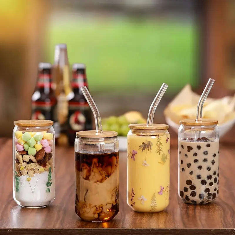 4pcs Set (1 550Ml Water Cup + 1 Bamboo Lid + 1 Glass Straw + 1 Straw Brush)
