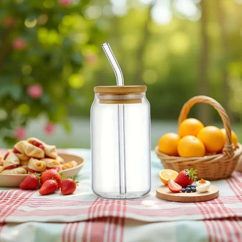 4pcs Set (1 550Ml Water Cup + 1 Bamboo Lid + 1 Glass Straw + 1 Straw Brush)