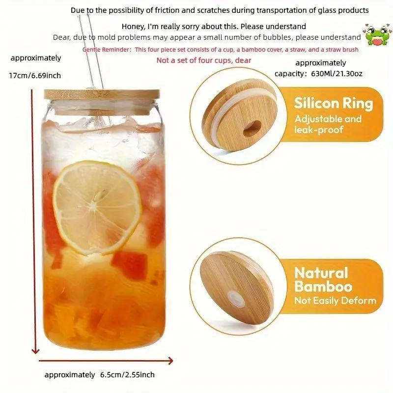 4pcs Set (1 550Ml Water Cup + 1 Bamboo Lid + 1 Glass Straw + 1 Straw Brush)