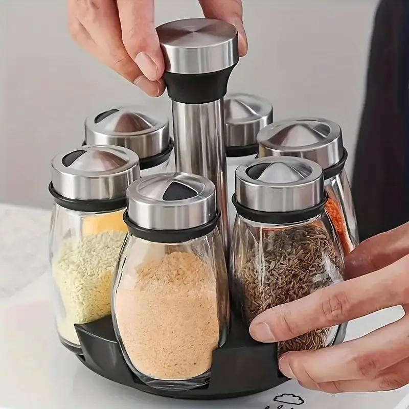 7pcs/Set Kitchen Spice Jar Set with Rotating Organizer