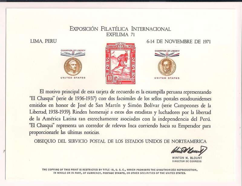 United States 1971 Souvenir Card -  EXFILIMA LIMA
