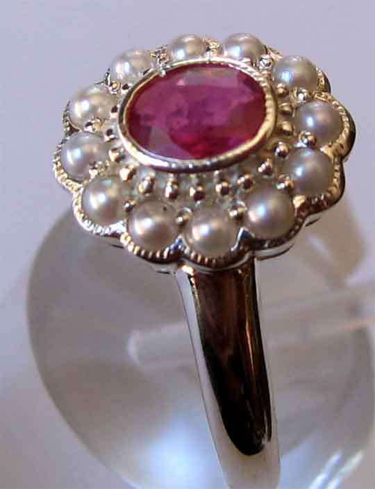 925 Sterling Silver , Ruby and Seed Pearls  Ring