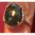 10 ct Gold Ring with Genuine Black Opal and Diamonds