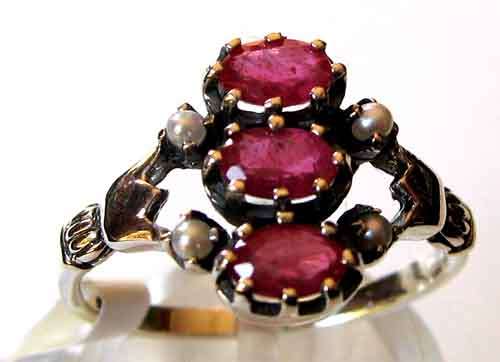 925 Sterling Siver Rubies and Seed Pearls Ring