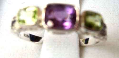 Genuine Amethyst and Peridots in Sterling Silver Ring