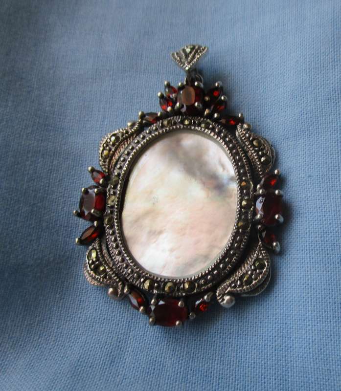 925 Sterling Silver , Marcasite , Mother of Pearl and Garnets Pendant