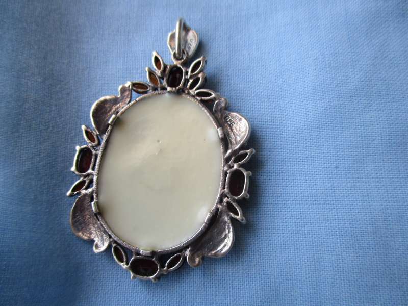 925 Sterling Silver , Marcasite , Mother of Pearl and Garnets Pendant